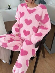 SHEIN Women's Cute Heart Pattern Thickened Fleece Pajama Set With Long Sleeve Top And Pants, Pink And Red, Autumn/Winter Pjs Pink Heart Pajama Set - Multicolor - View 3