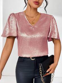Rafferiza Metallic V-Neck Blouse For New Year Holiday Party Clothes - Pink - View 6