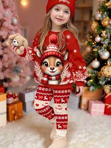 SHEIN Happikins Christmas Cute Cartoon 3D Reindeer Print Young Girl Crew Neck Sweatshirt And Skinny Leggings Set For Autumn,Family Matching,Winter - Multicolor - View 3