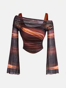 SHEIN Serisse Kids 少女扎染不对称单肩喇叭袖长袖短款T恤 - 棕色 - 查看 6