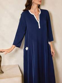 Al Najma Váy maxi Thổ Nhĩ Kỳ dài tay, cổ chữ V viền tương phản, phong cách Ả Rập truyền thống dành cho nữ - Màu xanh hải quân - Xem 5
