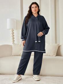 Veilorie Conjunto de 2 piezas de sudadera con capucha y pantalones de unicolor talla grande - Gris Oscuro - Ver 6