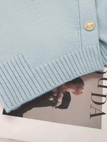 SHEIN Tall 女士蓝色毛衣，新款秋冬金属纽扣不对称开襟羊毛衫，百搭通勤风高领针织毛衣 - 彩色 - 查看 5