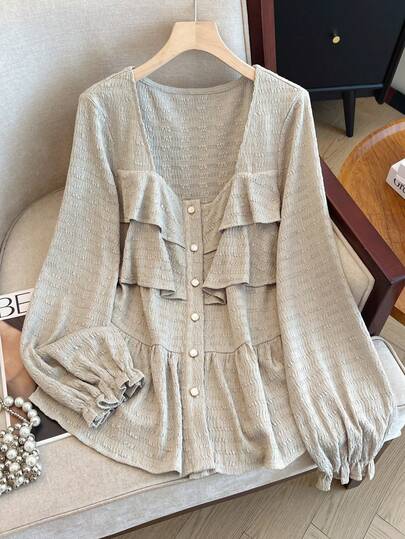 SHEIN Clasi بلوزة أنيقة بياقة مربعة وأكمام طويلة مزينة بكشكشة من قماش ذو ملمس، لون كاكي، عصرية للعمل والارتداء اليومي، مناسبة للخريف والشتاء