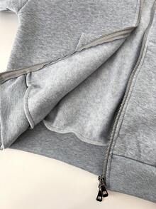 Sweetra Áo khoác nỉ ngắn tay có mũ, khóa kéo, in chữ kiểu Mỹ cổ điển, cổ lông, thiết kế mùa thu dành cho nữ. - Màu Xám nhạt - Xem 7