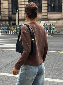 Livesso 女士休闲宽松拼色长袖T恤，适合办公室、通勤、秋冬季 - 巧克力棕 - 查看 11
