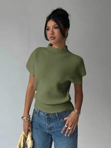 Aloruh 女士休闲日常通勤简约纯色漏斗领蝙蝠袖宽松针织衫，秋冬款 - 軍綠色 - 查看 5