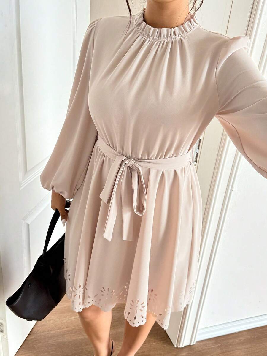 Lounesse Plus Size Waist Cinched Long Sleeve Dress, Apricot Color, Hollow-Out Hem Design, Versatile For Daily Wear And Commute Romantic Valentine Outfits For Women Spring Outfit Women, Spring Dress, Spring Break Outfits Dress Creme Dress Beige Dresses Women - Apricot - View 1
