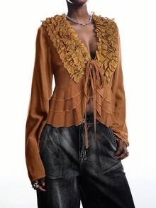 LYSMO New Minimalist Autumn/Winter Women's Khaki Multi-Layered Ruffled Front Tie Long-Sleeved Fashion Shirt - Khaki - View 4