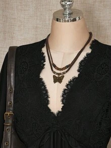 SHEIN ICON Váy mini ren chắp vá màu trơn cỡ lớn cho nữ mùa thu - màu đen - Xem 4