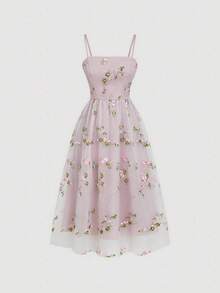 SHEIN MOD Women's Pink Floral Embroidered Patchwork Mesh Slip Dress,, Banquet Party Valentine's Day Birthday Garden Formal ,Tea Outfit Women, Wedding Guest - Pink - View 3