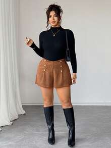 Elenzga Plus Size Women's Chocolate Brown Double-Breasted Wide Leg A-Line Shorts,Summer Elegant Office Metal Button Pleated Decoration Casual Shorts - Brown - View 2