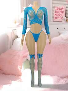 PetitDoll 4pcs/Set Women's Sexy Lingerie Set, Includes Mesh Bodysuit And Stockings, Magenta Fish Net Lingerie Blue Bra And Panty Set Butterfly Lingerie Set Lingerie Teddy Baby Blue Lingerie Set - Blue - View 1