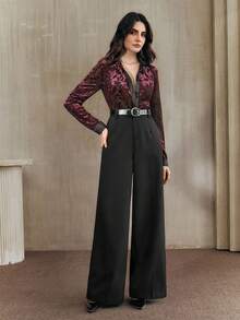 Anewsta Women's Red Cinched Waist Floral Elegant Long Sleeve Contrast Color Blouse - Red - View 4