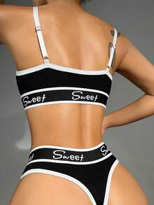 Yoga Letter Tape Contrast Binding Bra & Panty Lingerie Set Sports