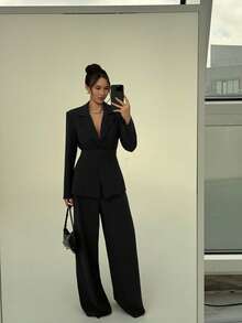 Conjunto de traje de mujer de unicolor con cintura ceñida y hombros regulares - Negro - Ver 4