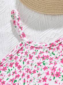 Vintaside Kids Tween Mädchen Sommer Lässig Urlaubs Set mit Rüschen-Saum Knoten-Vorderseite Top und Blumen-Camisole Kleid 2 Stücke - Heißes Pink - Übersicht 3