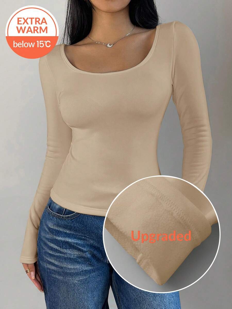 SHEIN BASICS 女士休闲纯色针织圆领长袖修身T恤，升级保暖面料，保暖内衬轻薄不臃肿，秋冬季修身弹力打底衫T恤 - 卡其色 - 查看 1