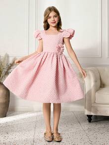 Tween Girls' Textured Pink Square Neck Dress - Pink - View 4