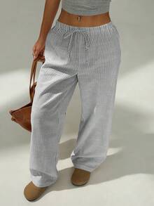 SHEIN PETITE Petite Ladies Pink And White Casual Home Striped Trousers Suitable For Spring And Summer Stripe Pants Gray Pants Loose Pants