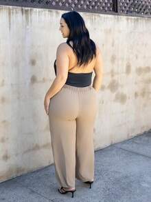 Truni Pantalon de costume taille haute à jambes larges, idéal pour la remise des diplômes, la rentrée scolaire et les tenues d'enseignantes en automne/hiver - Kaki - Voir 2