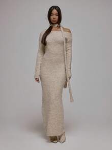 MUSERA 单肩长袖蓬松针织修身长款连衣裙，围巾细节设计，秋冬街头风酷女孩Y2K日常休闲复古风 - 杏色 - 查看 5