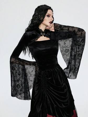 Breakform Elegante gotische paleisstijl blouse voor dames met kanten patchwork en metalen gesp, holle voorkant, gebloemde patchwork met uitlopende manchetten