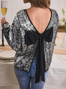 Louniche Women's Autumn/Winter Casual Sequin Embellished Bow Decor Reversible Long Sleeve Shirt, Suitable For Party And Home Wear - Multicolor - View 3
