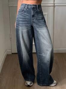 DAZY Quần jeans nữ dáng suông ống loe, cạp trung bình, kiểu dáng thường ngày. - Rửa trung bình - Xem 3