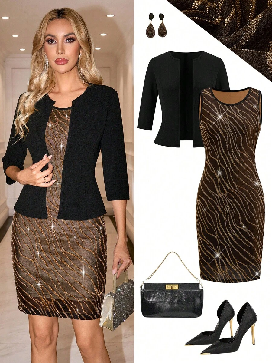 Ellevyn مجموعة من قطعتين: جاكيت أسود مناسب متوسط الأكمام + فستان قصير متوسط الطول مناسب بدون أكمام من الدانتيل للنساء للارتداء في المكتب، ملابس عمل للنساء، ملابس كاجوال للأعمال - متعدد الألوان - مشاهدة 1