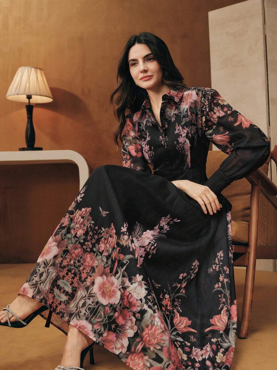 Anewsta Spring/Autumn New Floral Print Lapel Long Sleeve Waist Fit Flare Hem Women Dress - Multicolor - View 1