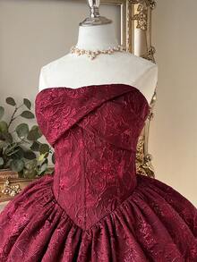 Lovelzi Elegante, romantico e alla moda abito formale con decorazione plissettata sul busto in tessuto jacquard rosso vino, adatto per feste, matrimoni, cocktail, balli - Bordò - Visualizzare 8