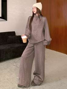 DAZY Women's Solid Color Minimalist Crew Neck Long Sleeve Top And Pants 2-Piece Set Lounge Sets For Women - Brown - View 5