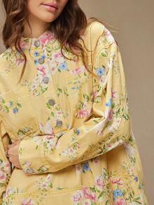 WESTFADE High Neck Button Front Long Sleeve 100% Cotton Denim Flower Print Mini Jean Dress Boho Clothes, Fall, Autumnm Winter, Country Concert Outfit - Multicolor - View 6