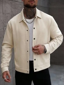 Manfinity Homme Giacca casual a maniche lunghe con bottoni sul davanti, tinta unita, colore crema, taglie comode per uomo - Albicocca - Visualizzare 4