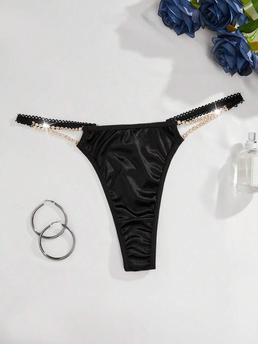 Solid Rhinestone Studded Sexy G-String - Black - View 1