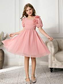 女童圆领泡泡袖碎花腰身圣诞派对连衣裙 - 粉色 - 查看 3