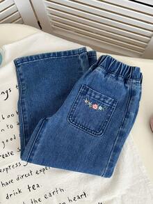 Genkimix Kids Quần jean denim cho bé gái (nhỏ), thời trang mới cá tính ngọt ngào cổ điển dễ thương thêu hoa nhiều màu, quần ống đứng rộng rãi màu xanh, quần denim ngày lễ giản dị phong cách ngọt ngào nữ tính - Màu xanh lam - Xem 5