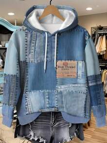 Glissea Deep Blue Denim-Style Patchwork Print Women's Sweatshirt Perfect For Fall/Winter Autumn-Winter Sweatshirt Women's Gift Holiday Sweatshirt Fashion Stylish T-Shirt Attractive Sweatshirt Sibling Gift Sister Gift Fun Sweatshirt Casual Minimalist Fashion Sweatshirt - Royal Blue - View 3