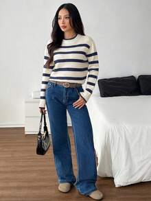 SHEIN PETITE Women's Stand Collar Black & White Striped Minimalist Sweater, Casual Daily Wear, Suitable For Petite Figures In Autumn/Winter - Navy Blue - View 3