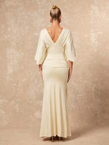 Lumalex 女士优雅黄色扭结设计金属装饰短袖修身喇叭连衣裙，春夏款 - 黃色 - 查看 10