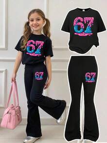 Cozy Fall Styles 2pcs/Set Tween Girl Casual Fashion Creative Personalized Fresh Chic Minimalist Numeric 67 Colorful Candy Dot Print Relaxed T-Shirt And Flared Pants Comfortable Outfit Bell Bottoms Girl 2 Piece Set Bell Bottom Outfits Girls Tween Girl Clothes Y2k Graphic - Black - View 4