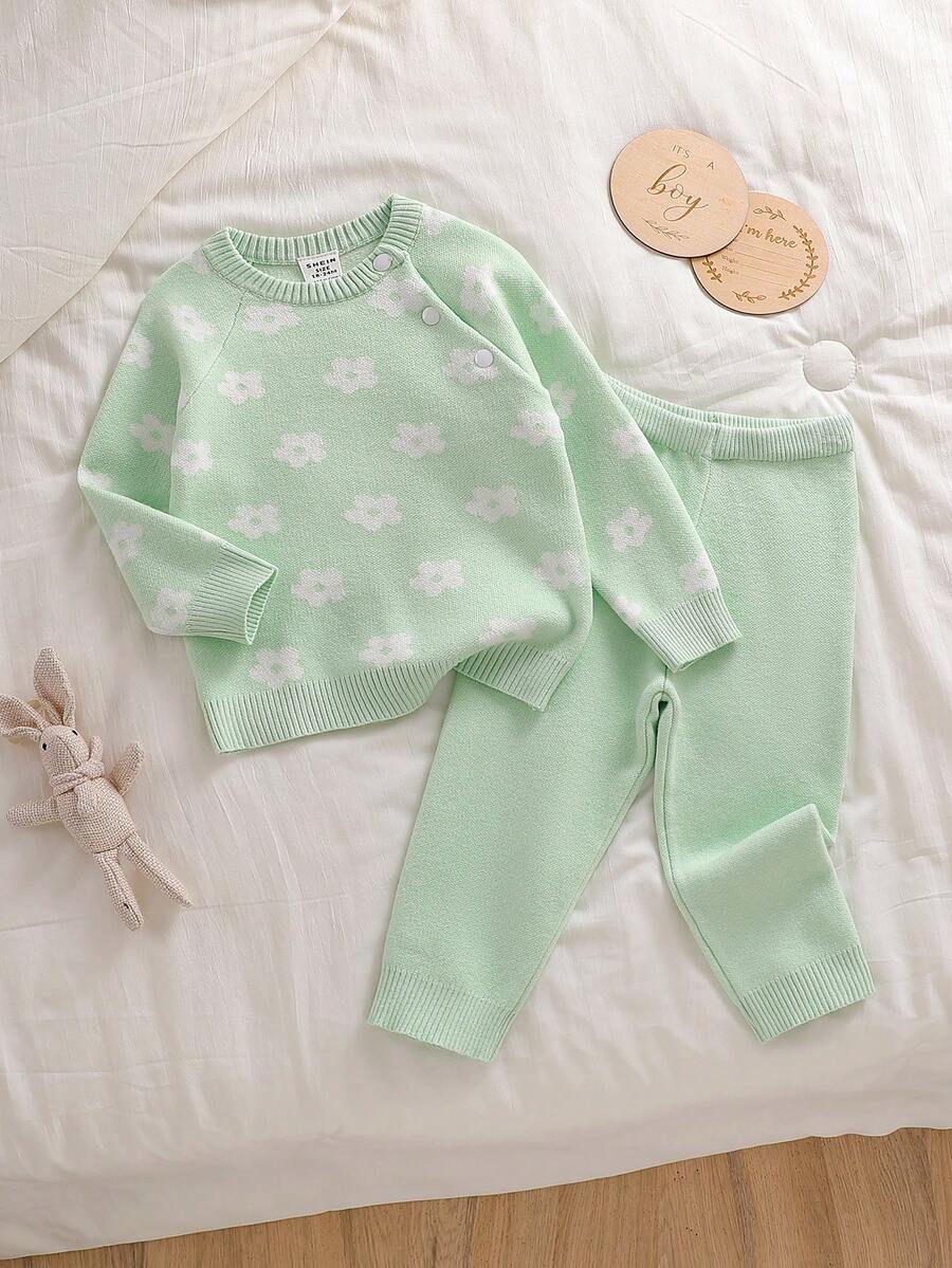 SHEIN Bộ áo len dài tay cổ tròn họa tiết hoa và quần dài màu trơn cho bé gái sơ sinh/trẻ mới biết đi - Màu xanh Bạc hà - Xem 1