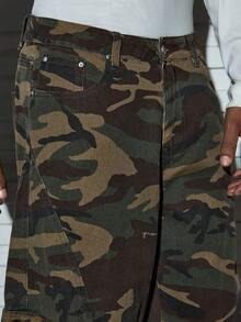 Modcrash 1 pieza Pantalón cargo de mezclilla lavada con diseño de patchwork estilo retro estadounidense de Justice Brother, pantalón casual de pierna ancha y corte holgado (cinturón y accesorios no incluidos)