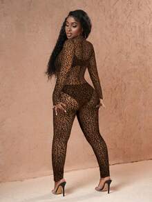 Slaydiva Élégant, sexy et pour soirée : Combinaison longue à col montant et manches longues pour femmes, en tissu léopard floqué transparent, longueur cheville, convient pour l'automne - Tabac - Voir 2