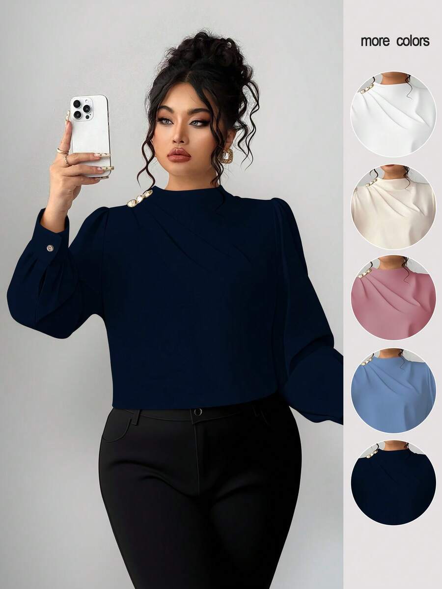 Elenzga Plus Size Solid Color Stand Collar Button Decor Elegant Long Sleeve Shirt - Royal Blue - View 1