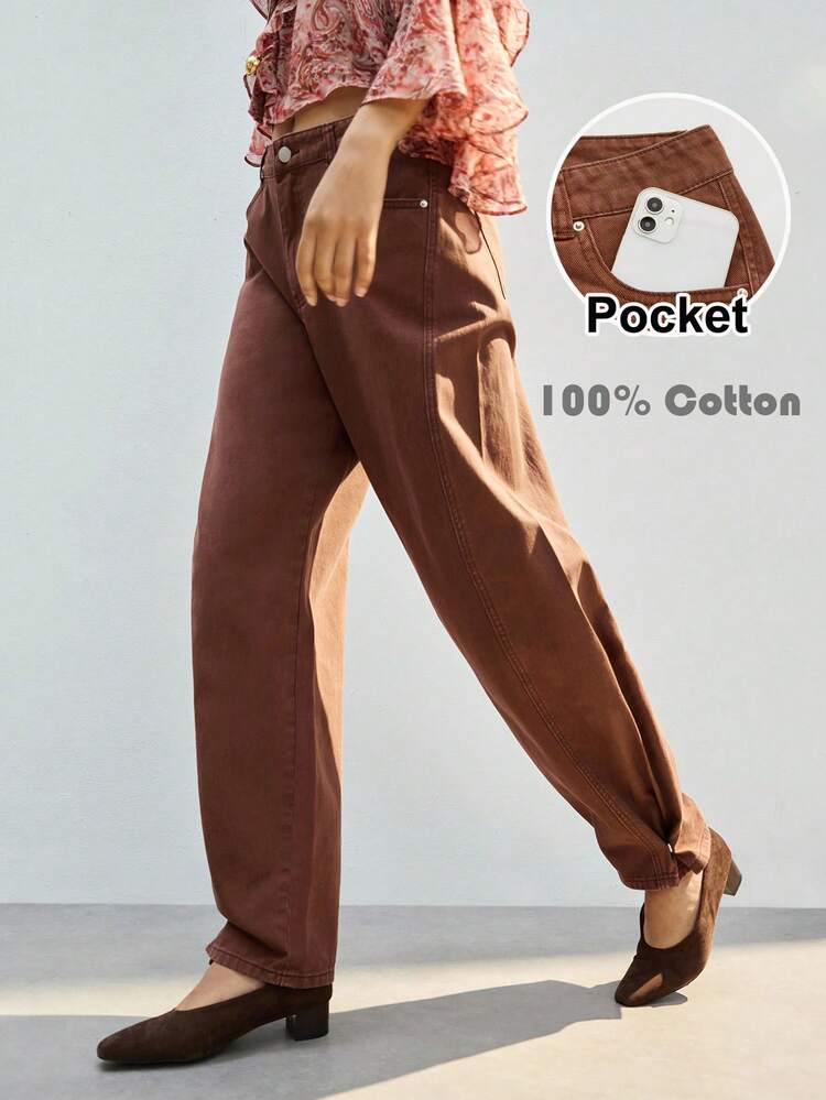 SHEIN Maija Brown Wide-Leg Jeans, American Retro Casual Pants, Loose-Fitting Washed Cotton Curved Pants,Winter Banana Pants