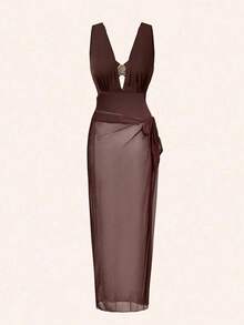 Swim Chiccia Maiô Elegante de 3 Peças com Fivela de Metal Marrom, Pode Ser Usado Separadamente com Roupas, Adequado para Festa e Férias, Plus Size