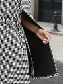 SHEIN 女士时尚千鸟格纹翻领斗篷外套，配腰带，适合工作和通勤。 - 黑與白 - 查看 7