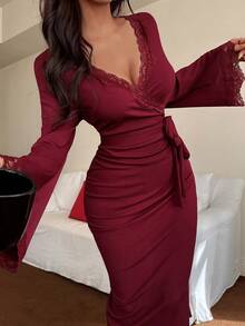 Napfluff Flared Sleeve Lace Trim Tie Waist Fitted Women Nightgown - Burgundy - View 6